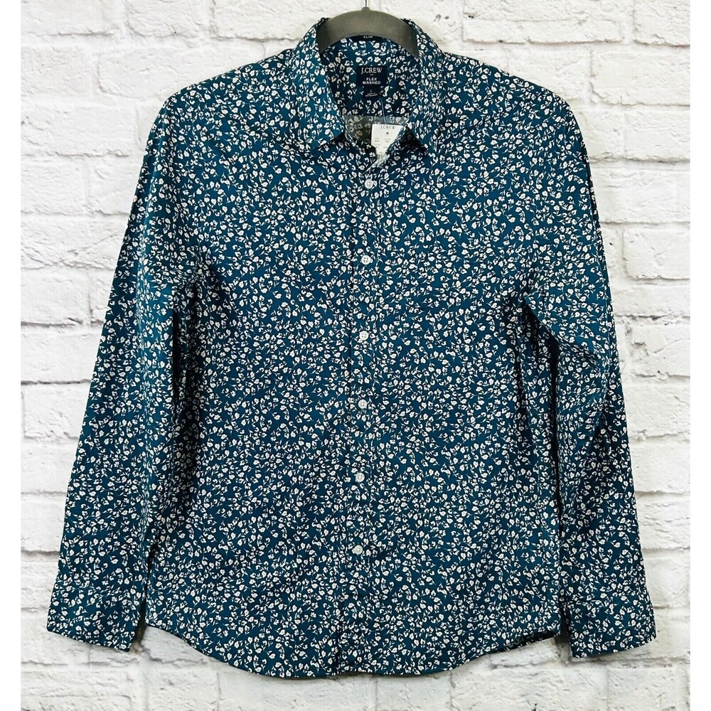 J. Crew Mens Slim Untucked Shirt Blue Button Up Floral Flex Wash Untucked Large